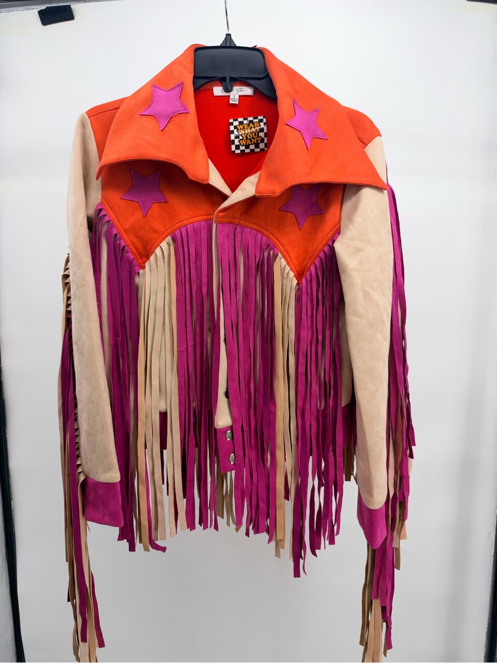 Vibrant Fringe Suede Jacket with Star Appliqué - Multi-Color
